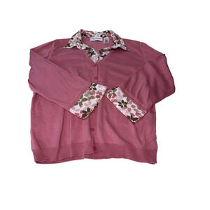 Alfred Dunner Med Pink Sweater Over Shirt Layered Look Floral Cuff & Collar
